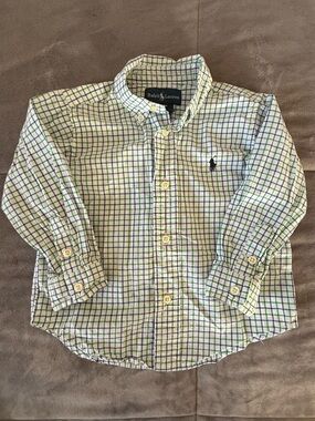 Ralph Lauren 100% Cotton White Button-Down Shirt w Green & Blue Check Size 24 M